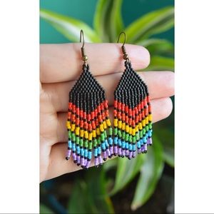 MIYUKI hand beaded earrings, rainbow pride black